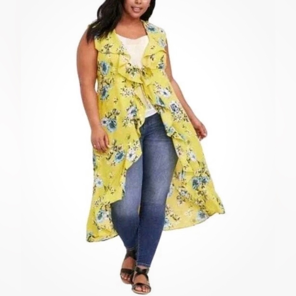 Yellow Floral Sleeveless Duster Vest for Women, 3X